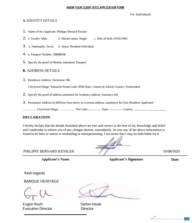 Download Switzerland Banque Heritage Know Your Client (KYC) Application Form Photoshop template